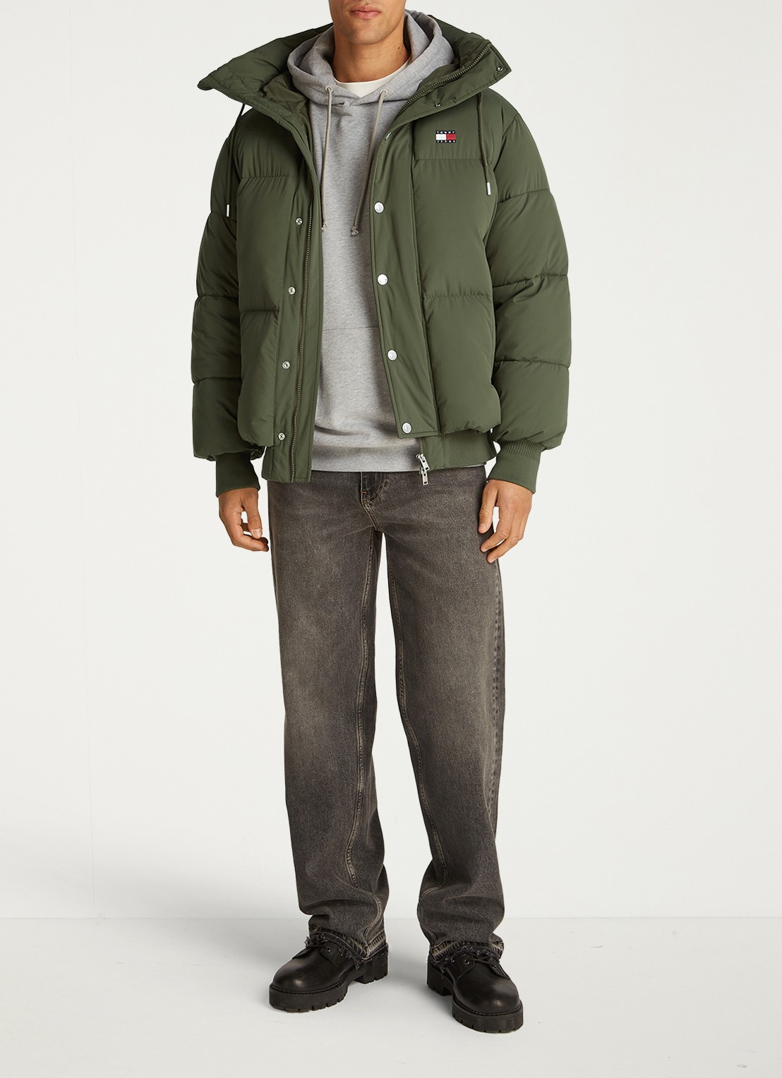 Tommy Hilfiger Puffer jas met capuchon en logo - voorkant 2 olijfgroen