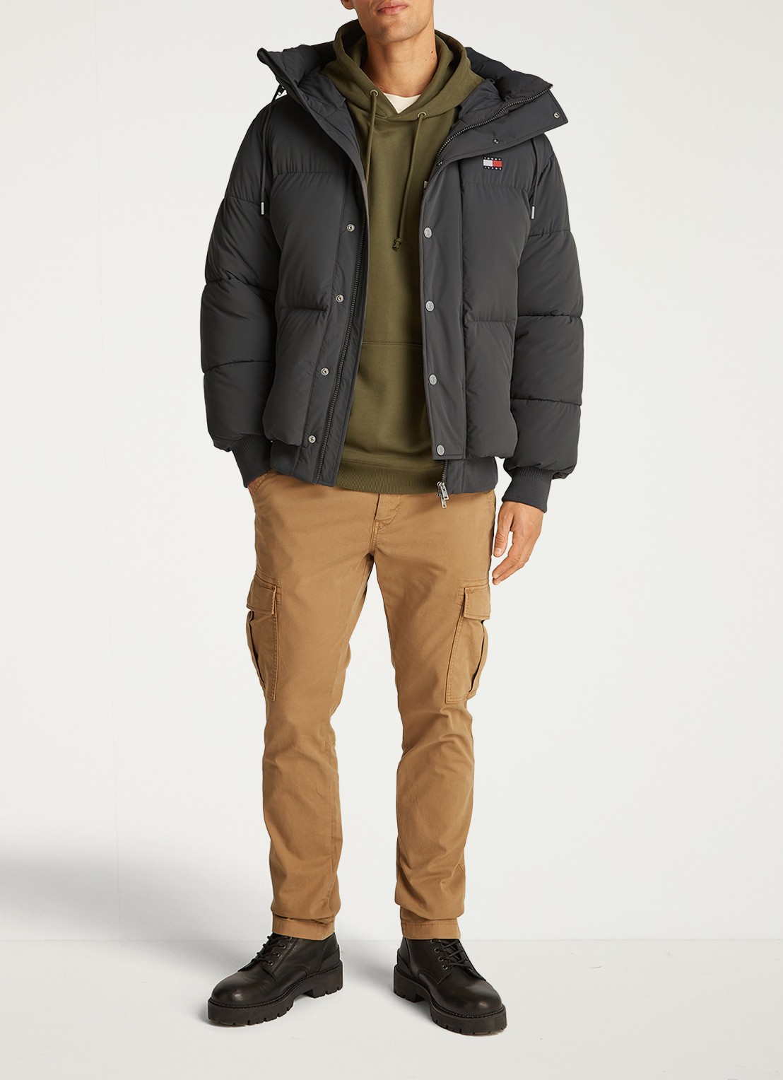 Tommy Hilfiger Puffer jas met capuchon en logo - voorkant 2 zwart