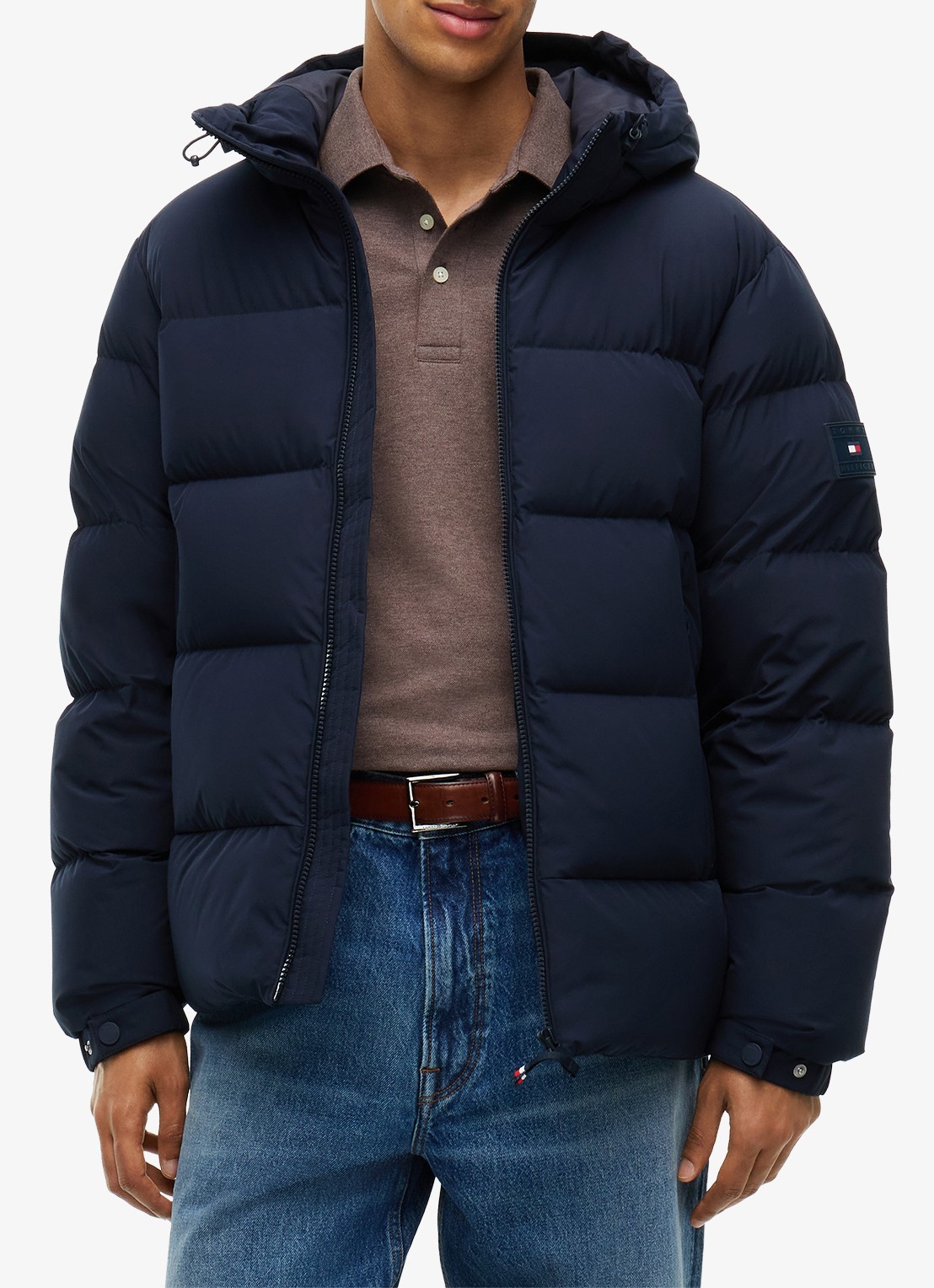 Tommy Hilfiger Puffer jas met donsvulling en capuchon  - detail donkerblauw