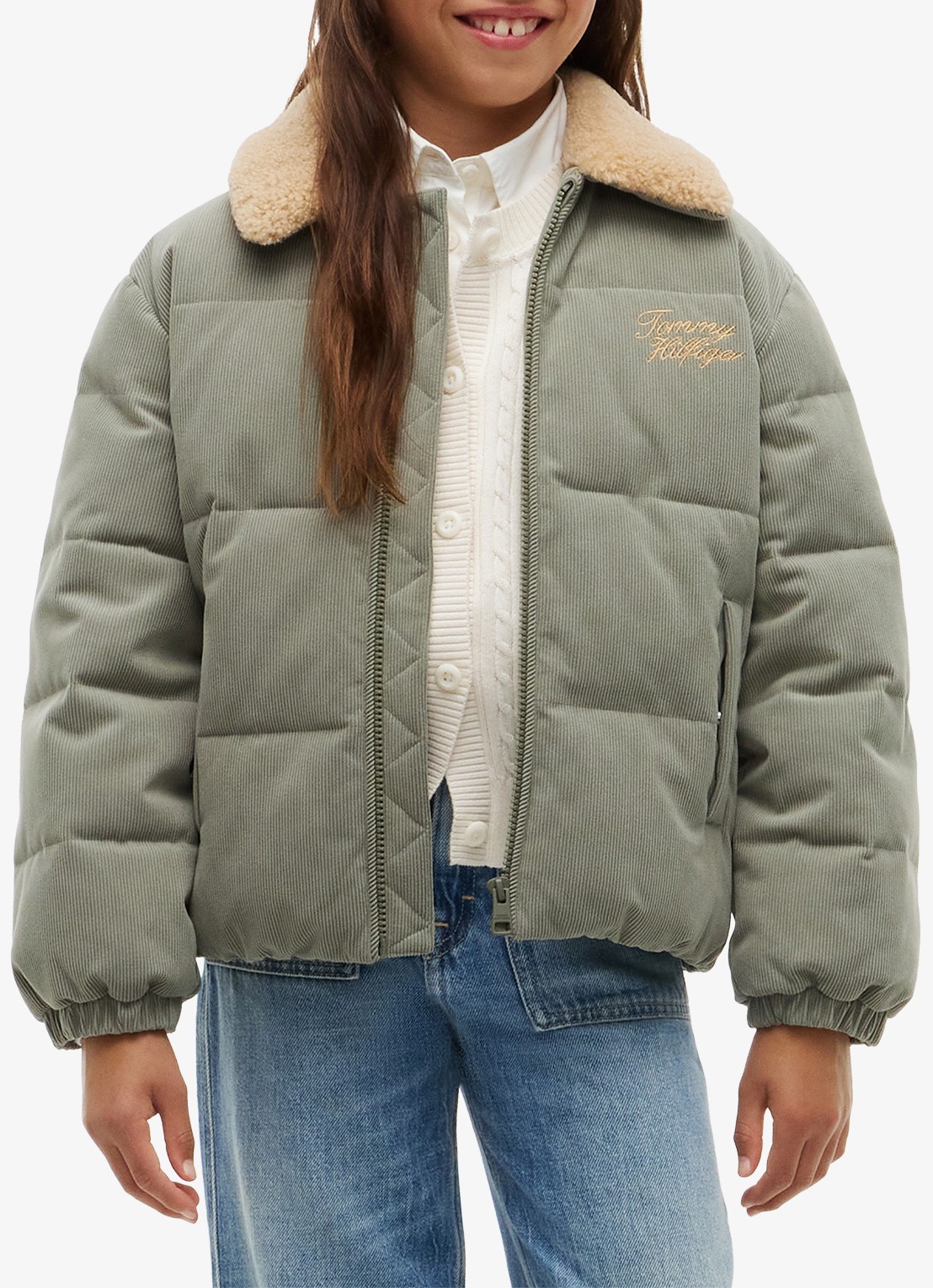 Tommy Hilfiger Puffer jas van corduroy met details van teddy - detail lindegroen