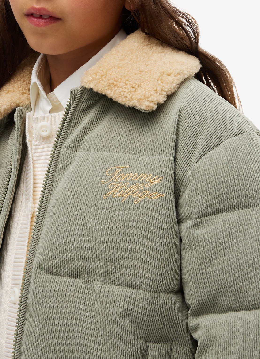Tommy Hilfiger Puffer jas van corduroy met details van teddy - detail 2 lindegroen