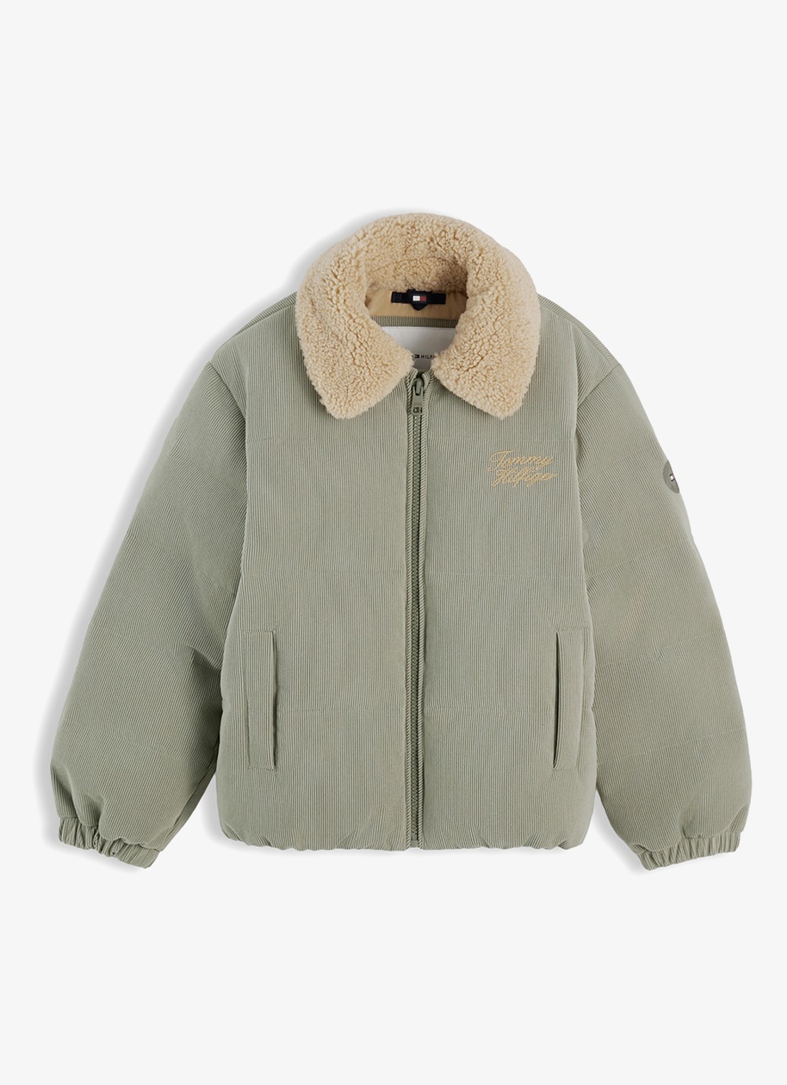 Tommy Hilfiger Puffer jas van corduroy met details van teddy - voorkant 5 lindegroen