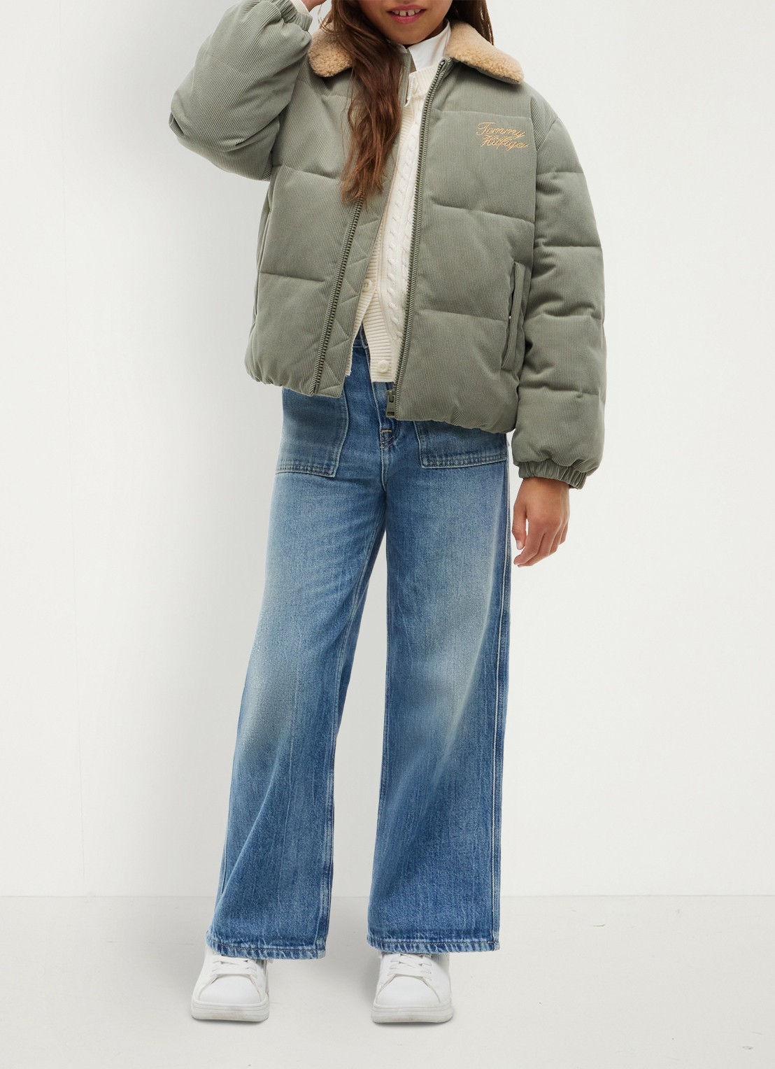 Tommy Hilfiger Puffer jas van corduroy met details van teddy - voorkant 6 lindegroen