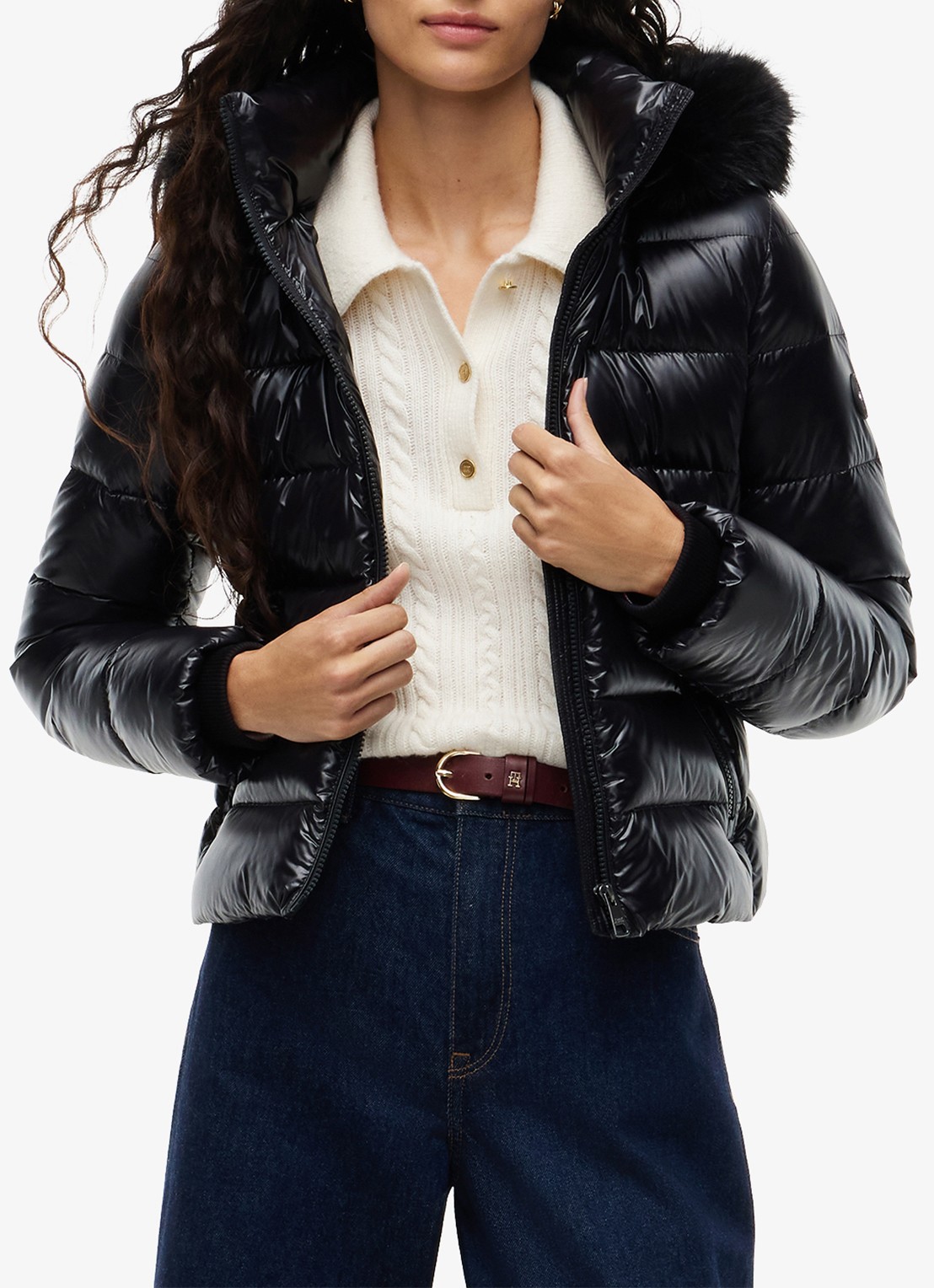Tommy Hilfiger Pufferjas met imitatiebont  - detail 4 zwart