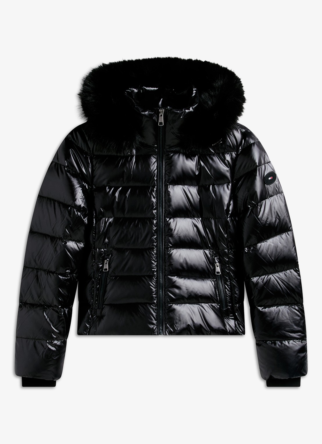 Tommy Hilfiger Pufferjas met imitatiebont  - voorkant zwart
