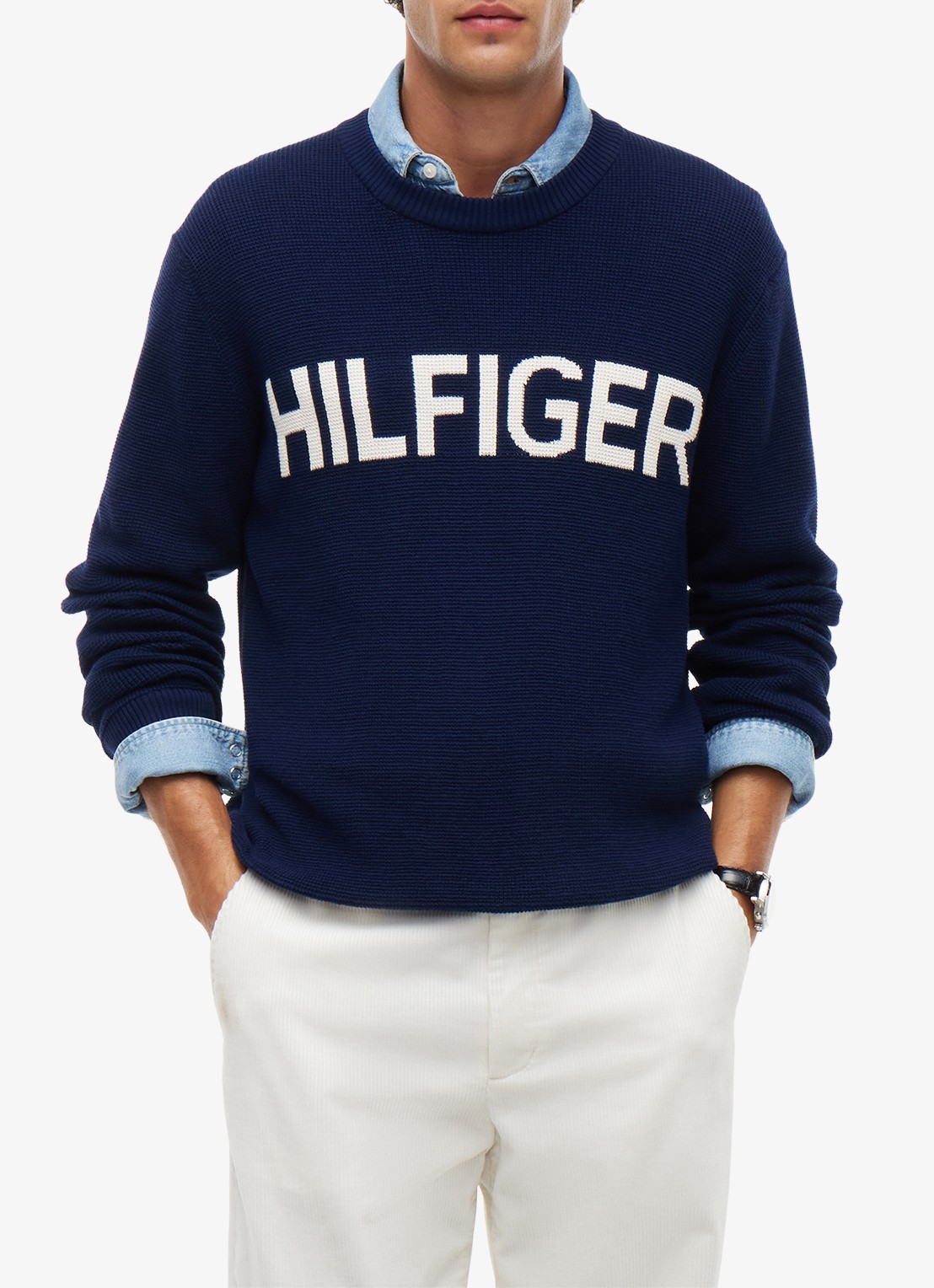 Tommy Hilfiger Pullover met structuur en logo  - detail donkerblauw
