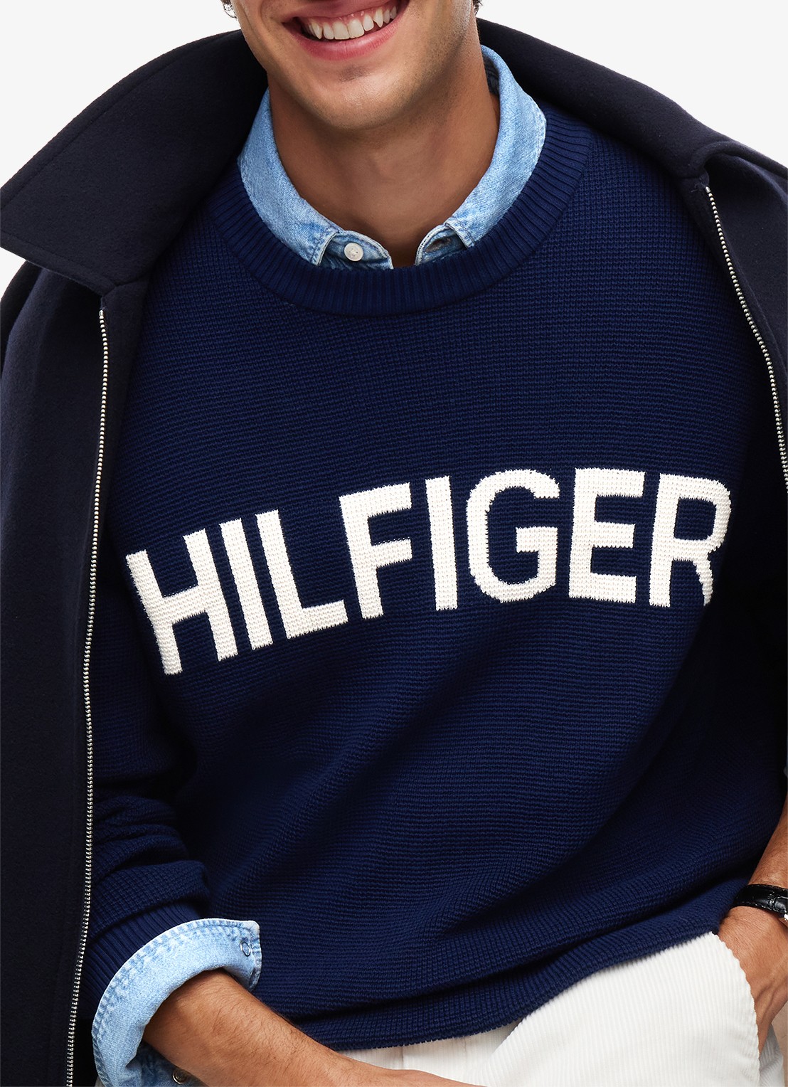 Tommy Hilfiger Pullover met structuur en logo  - detail 3 donkerblauw