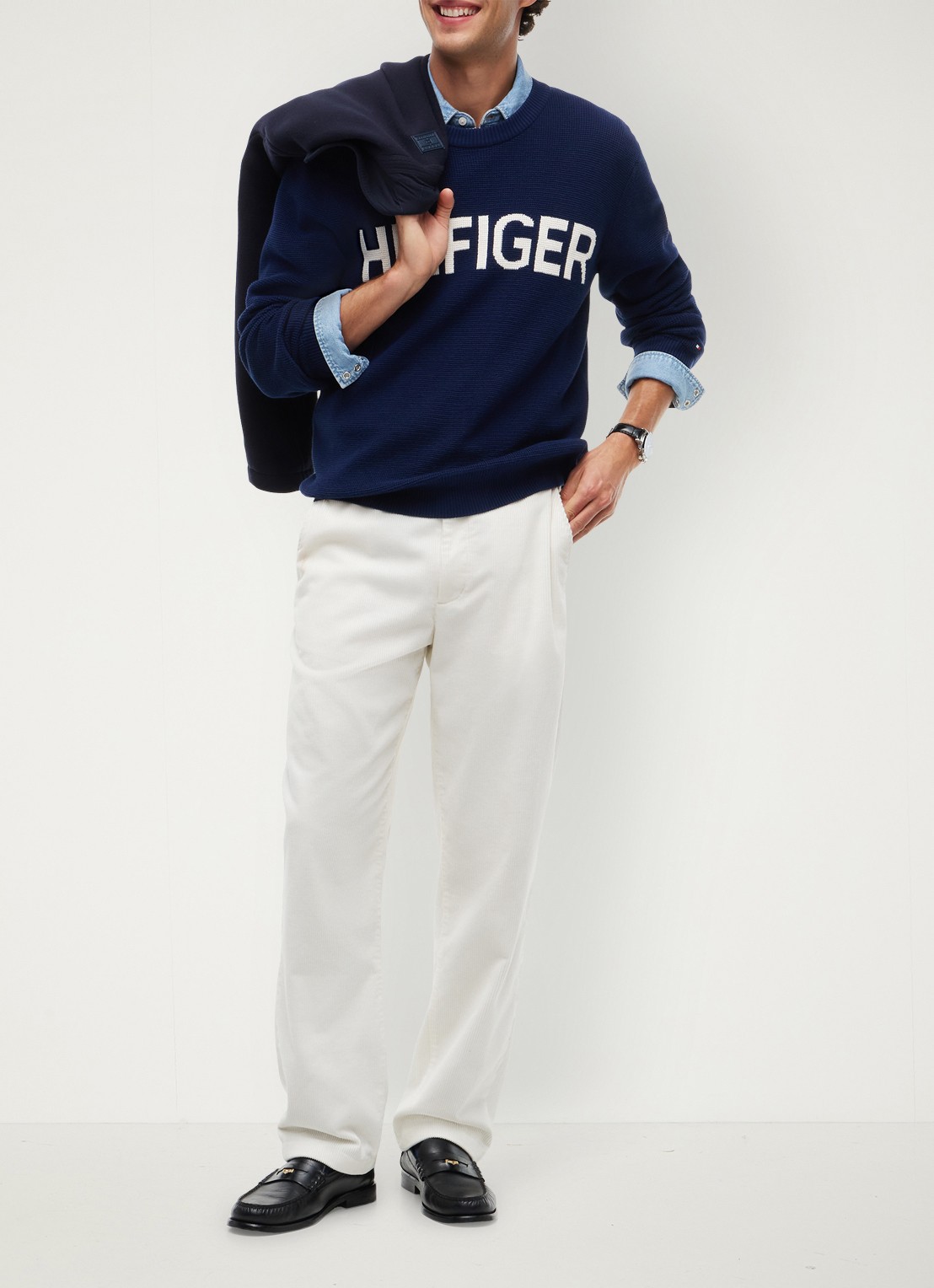 Tommy Hilfiger Pullover met structuur en logo  - voorkant 7 donkerblauw