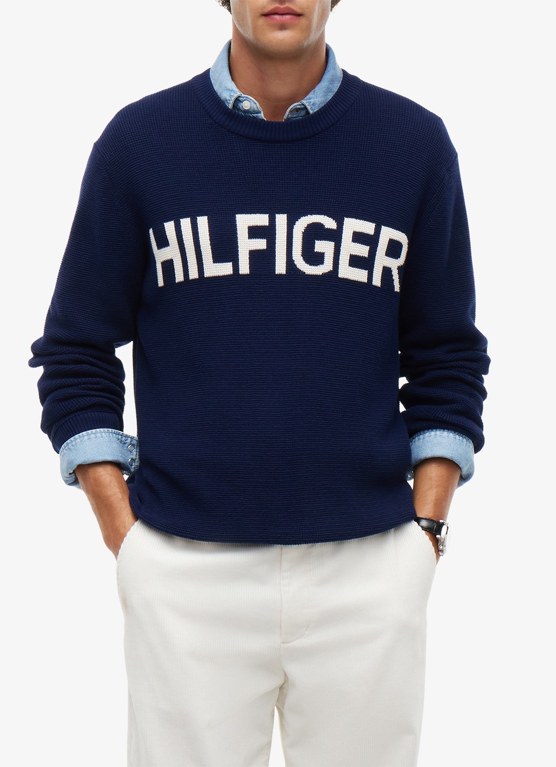 Tommy Hilfiger Pullover met structuur en logo  - detail 4 donkerblauw