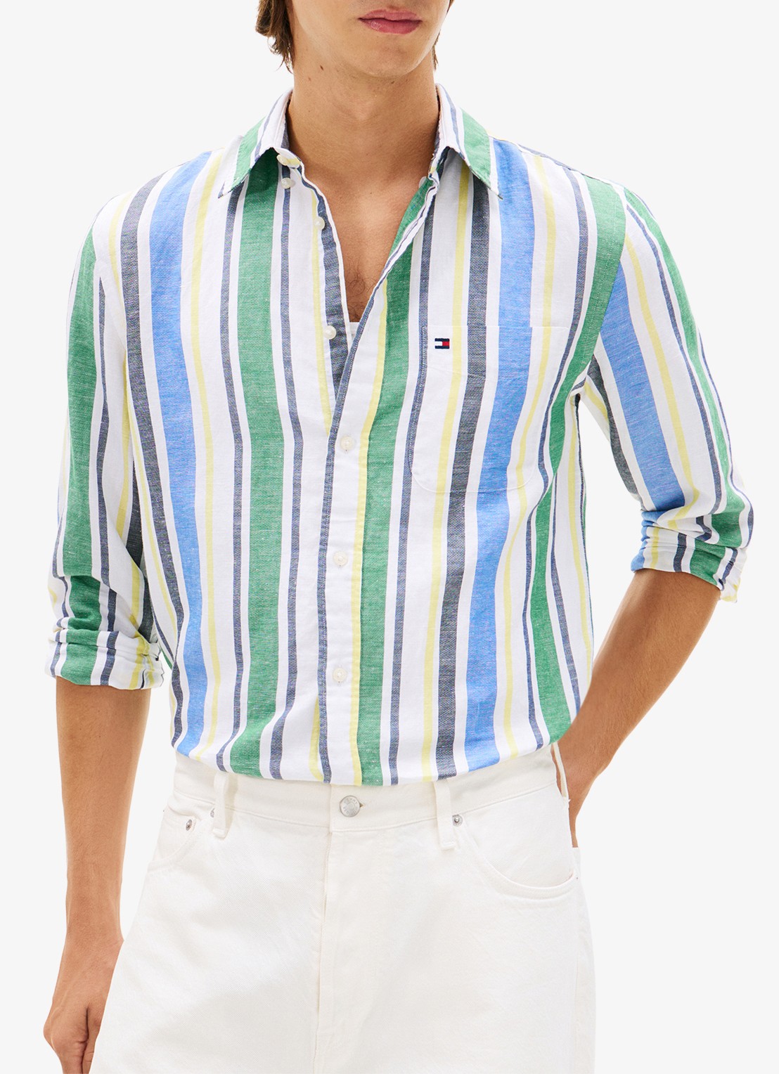 Tommy Hilfiger Regular fit overhemd in linnenblend met streepprint - detail 4 groen