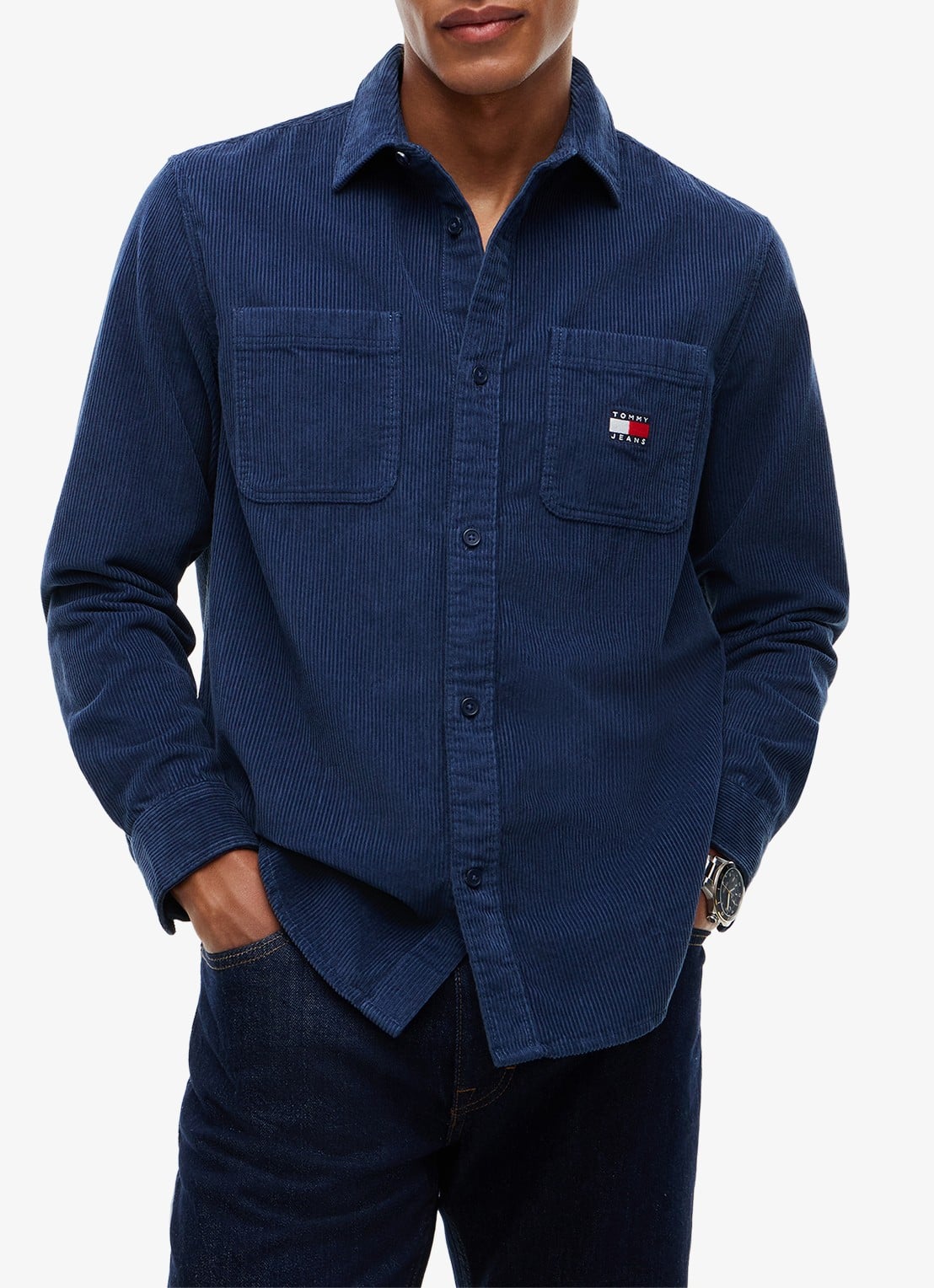 Tommy Hilfiger Regular fit overhemd van corduroy met logoborduring - detail donkerblauw