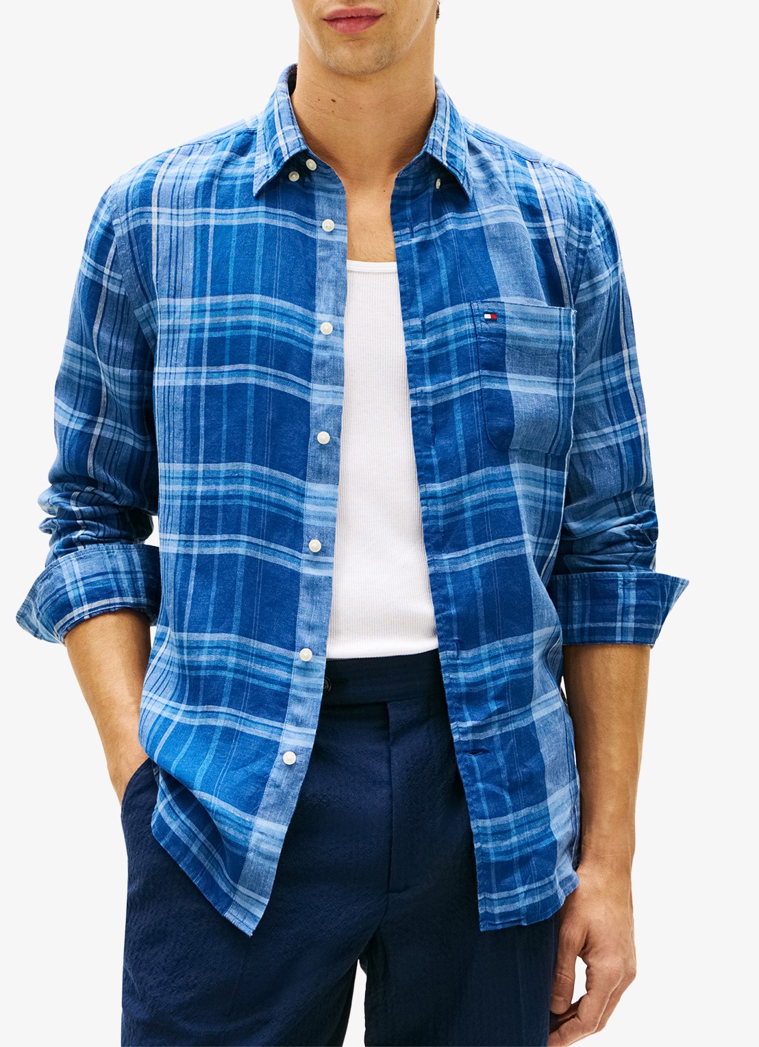 Tommy Hilfiger Regular fit overhemd van linnen met ruitdessin - detail 4 blauw