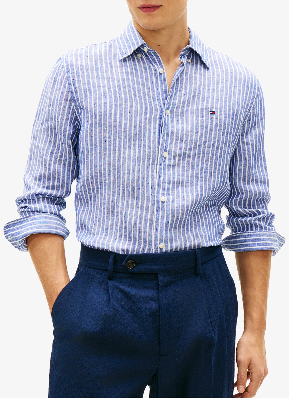 Tommy Hilfiger Regular fit overhemd van linnen met streepprint - detail 3 wedge blue / stripe-0a4 / blauw