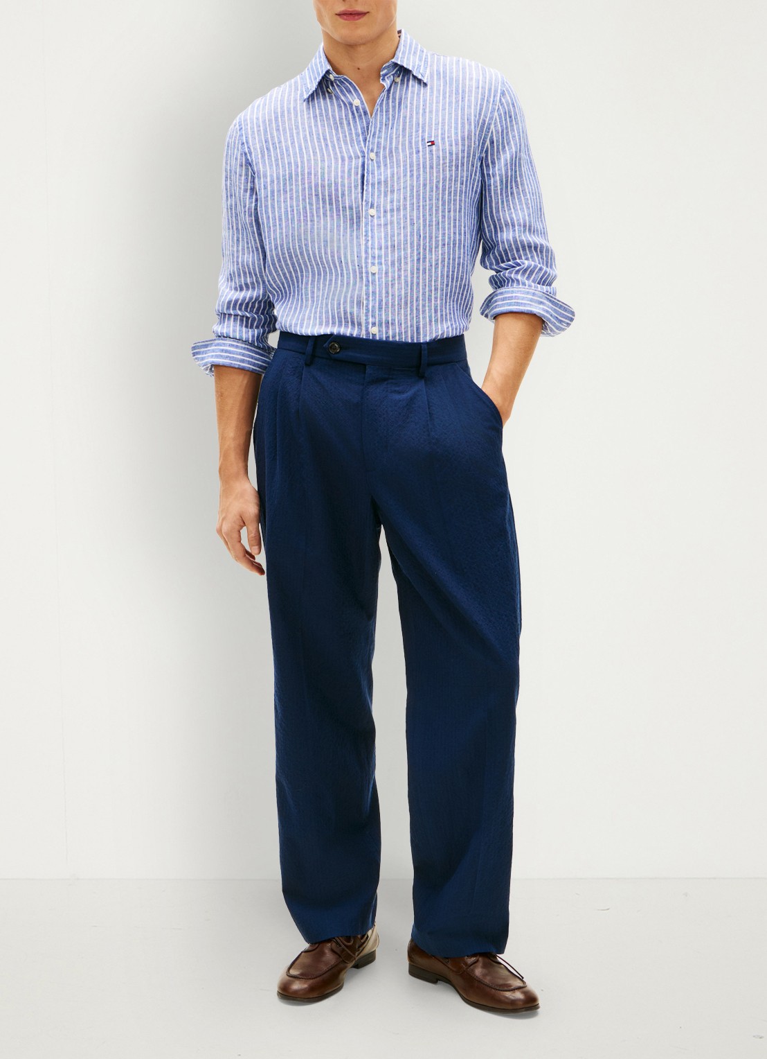 Tommy Hilfiger Regular fit overhemd van linnen met streepprint - voorkant 2 wedge blue / stripe-0a4 / blauw