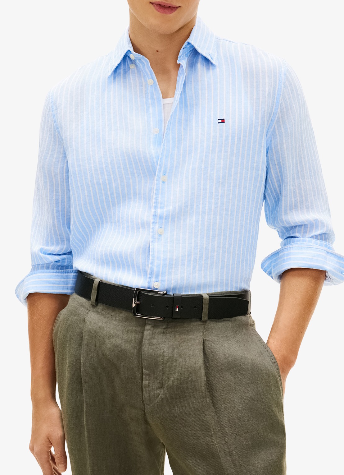 Tommy Hilfiger Regular fit overhemd van linnen met streepprint - detail 4 cloudy blue / stripe-0a5 / lichtblauw