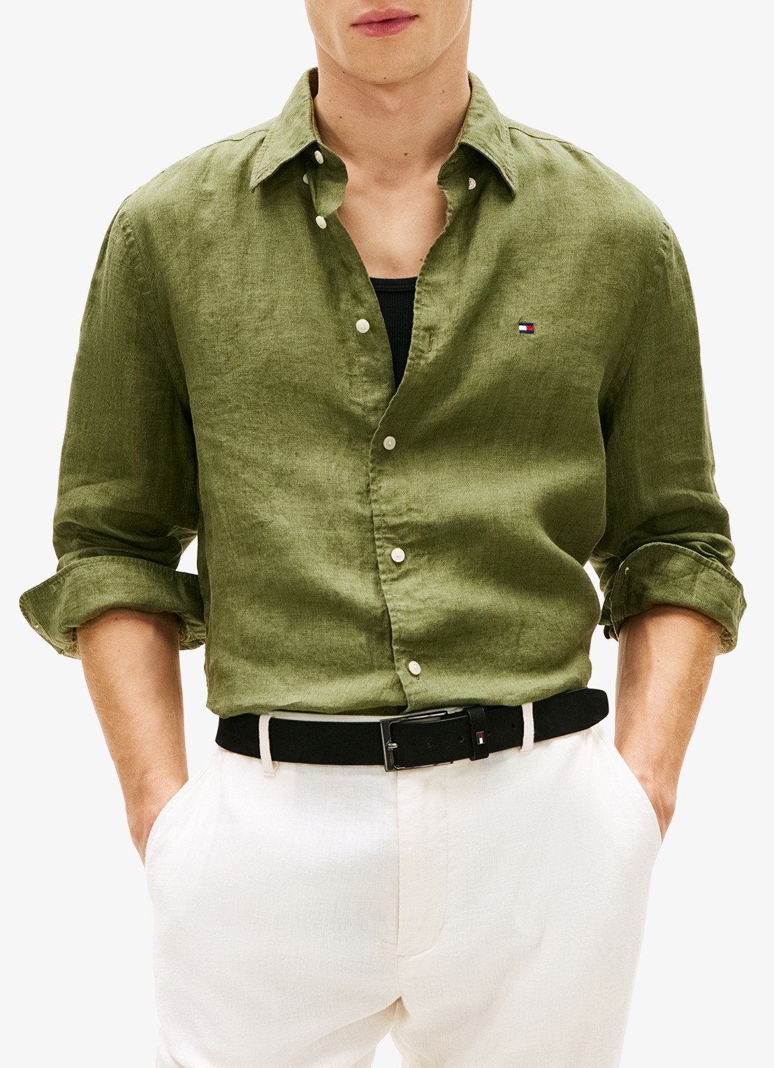 Tommy Hilfiger Regular fit overhemd van linnen - detail 3 olijfgroen