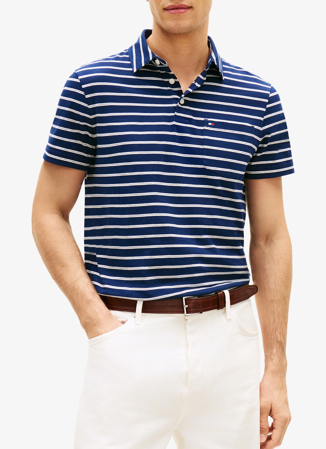 Tommy Hilfiger Regular fit polo met streepprint en borstzak - detail donkerblauw