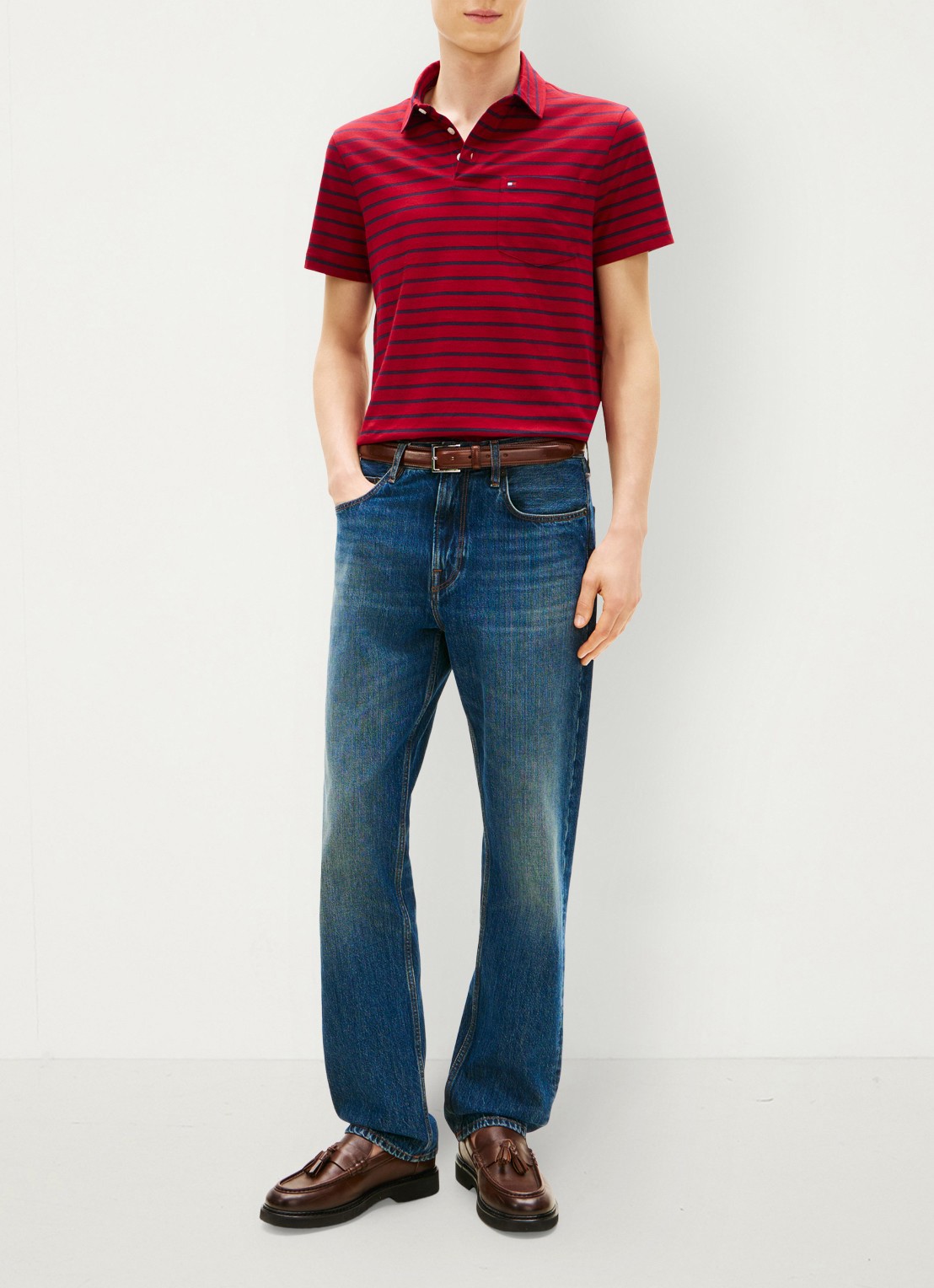 Tommy Hilfiger Regular fit polo met streepprint en borstzak - voorkant 3 donkerrood