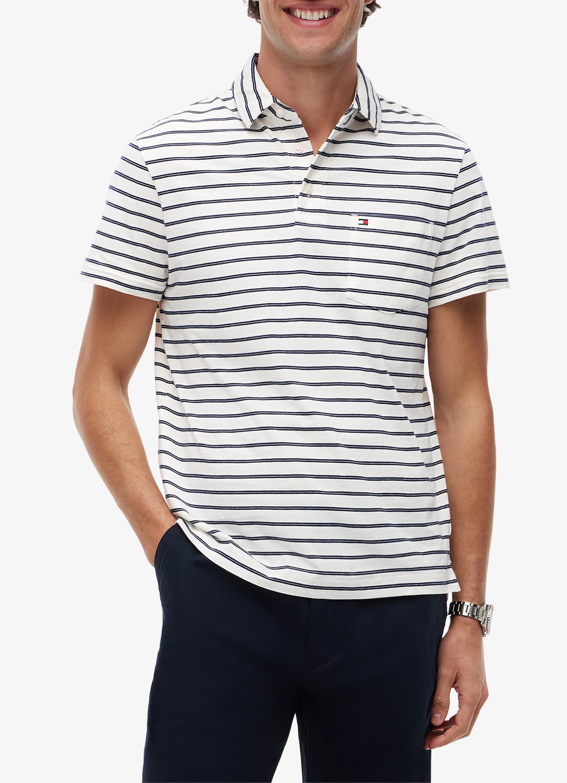 Tommy Hilfiger Regular fit polo met streepprint en borstzak - detail 3 gebroken wit