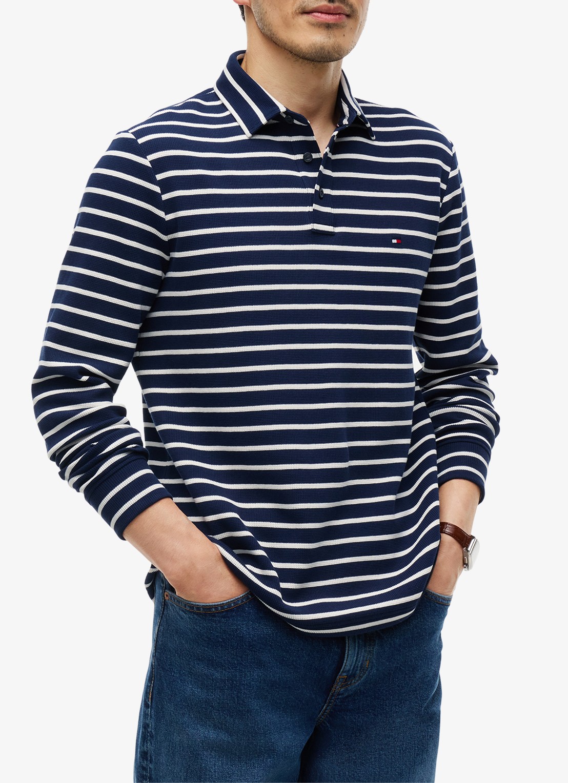 Tommy Hilfiger Regular fit polo met streepprint - detail donkerblauw