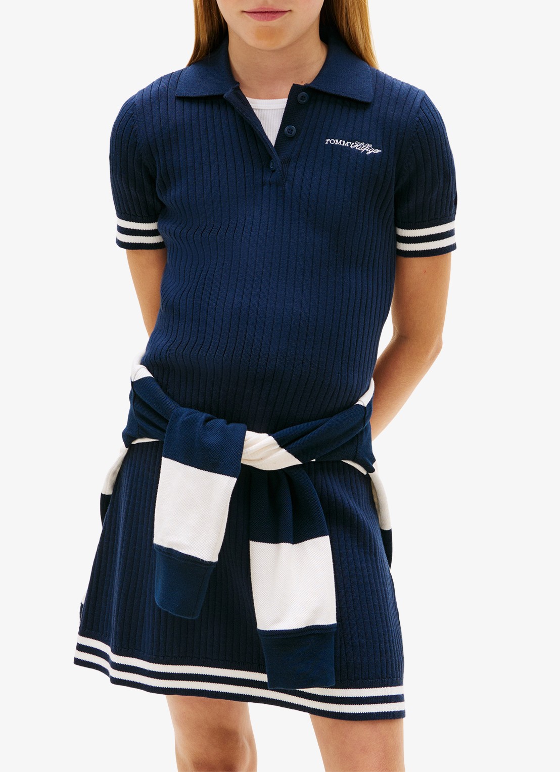 Tommy Hilfiger Ribgebreide mini jurk met streep detail - detail donkerblauw