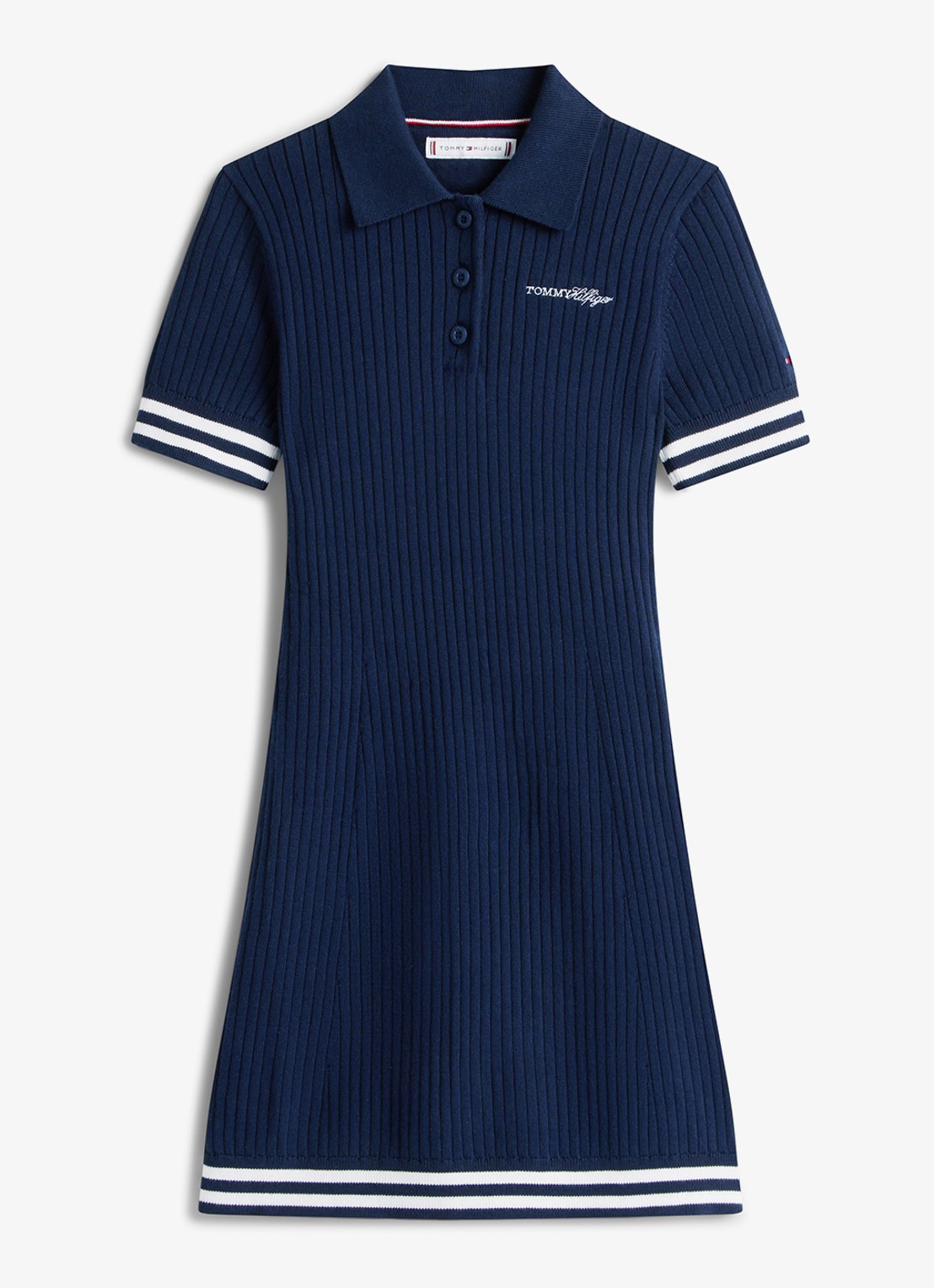 Tommy Hilfiger Ribgebreide mini jurk met streep detail - voorkant 4 donkerblauw
