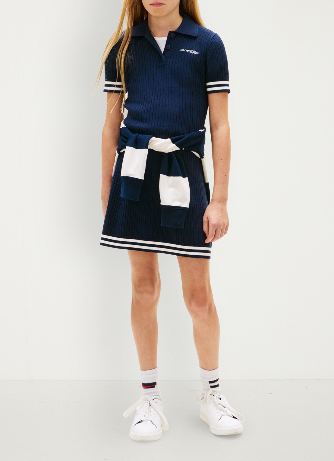 Tommy Hilfiger Ribgebreide mini jurk met streep detail - voorkant 5 donkerblauw