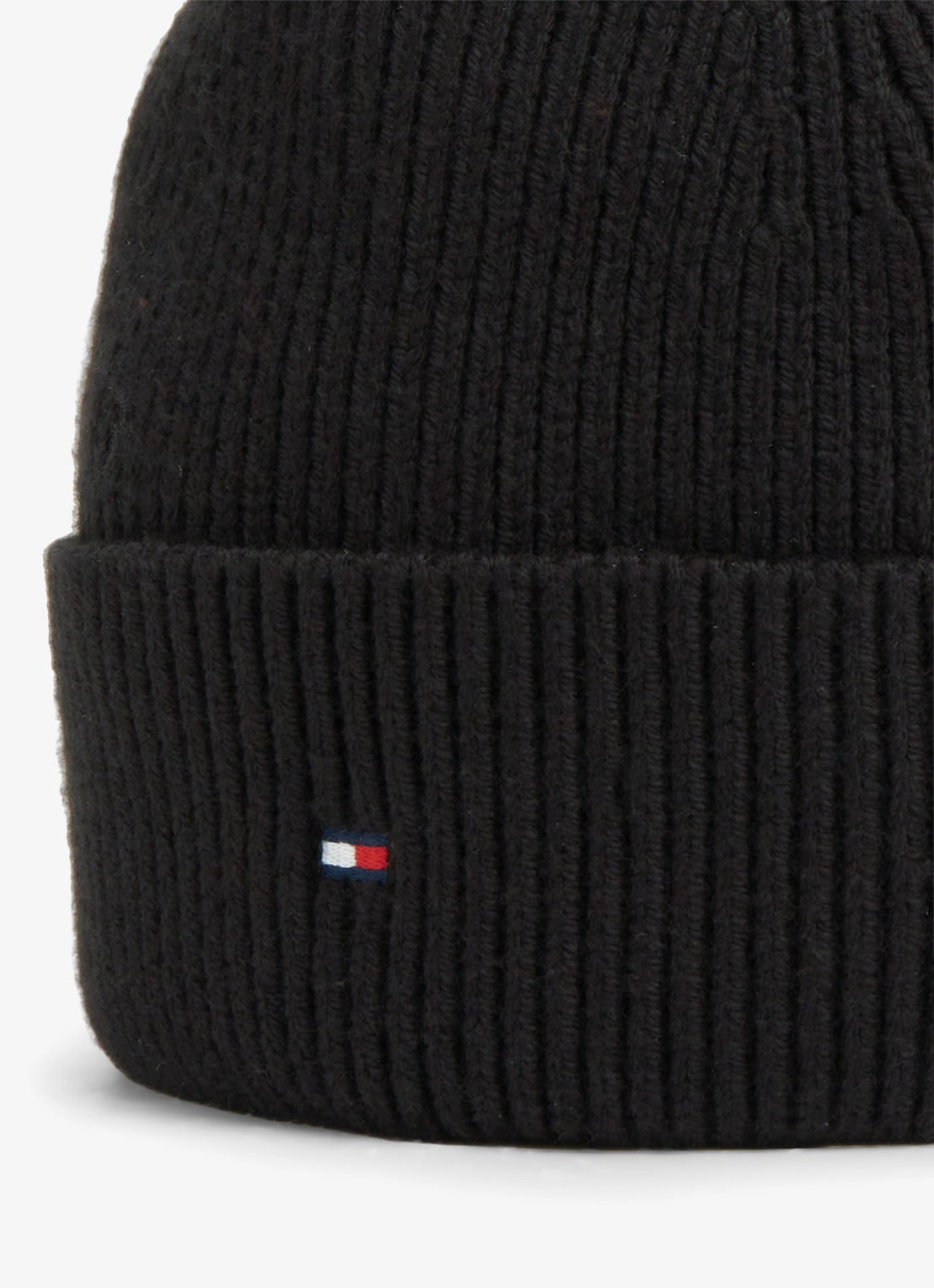 Tommy Hilfiger Ribgebreide muts in wolblend - detail zwart
