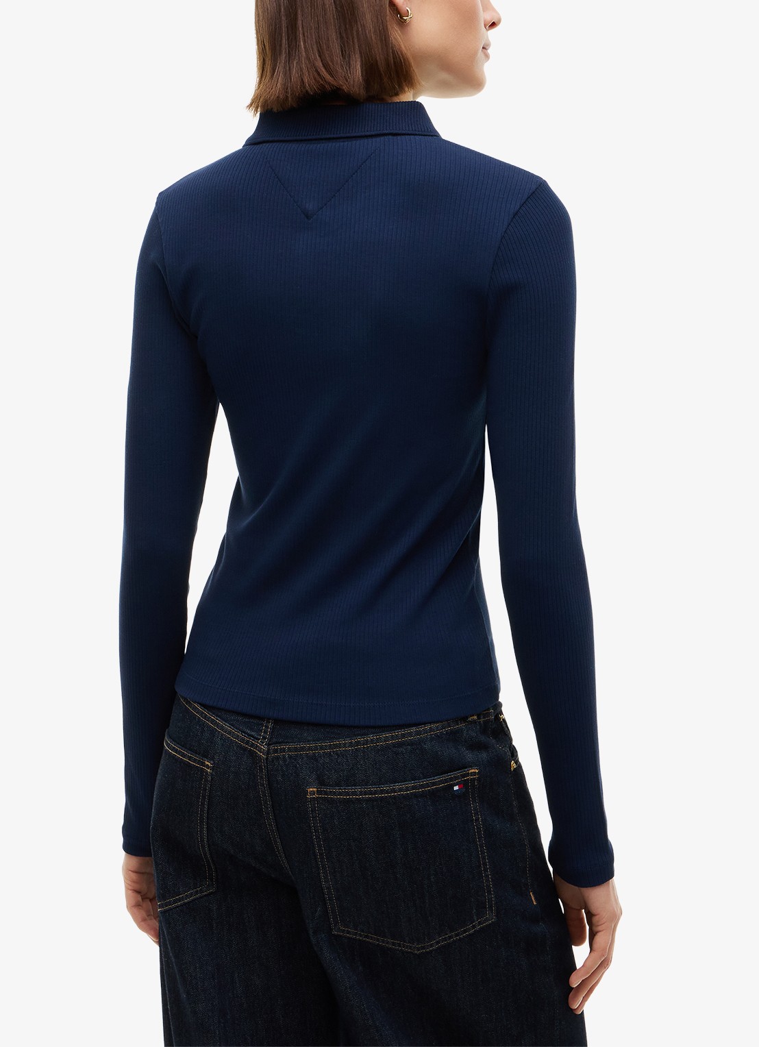 Tommy Hilfiger Ribgebreide polo met knoop details  - achterkant 3 donkerblauw