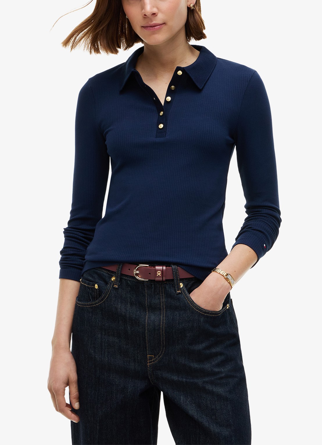 Tommy Hilfiger Ribgebreide polo met knoop details  - detail donkerblauw
