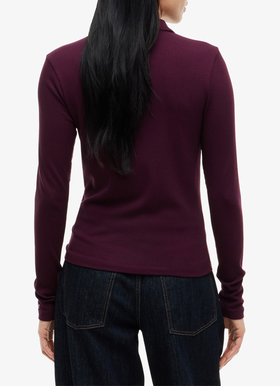Tommy Hilfiger Ribgebreide polo met knoop details  - achterkant bordeauxrood