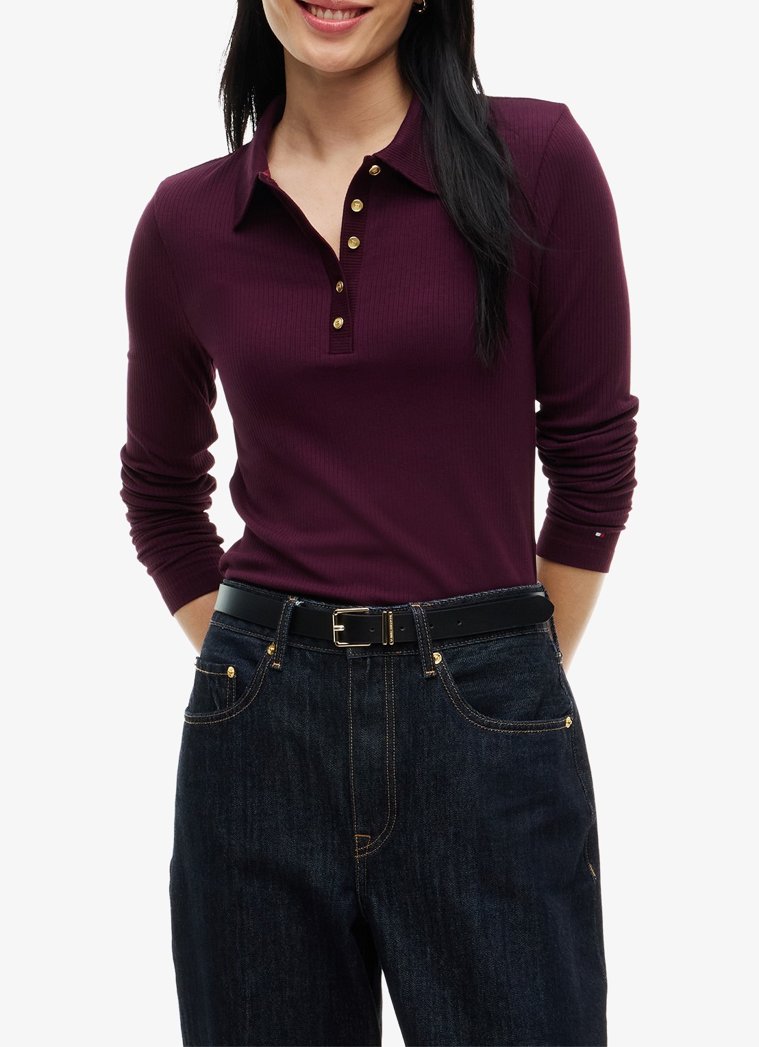 Tommy Hilfiger Ribgebreide polo met knoop details  - detail 4 bordeauxrood