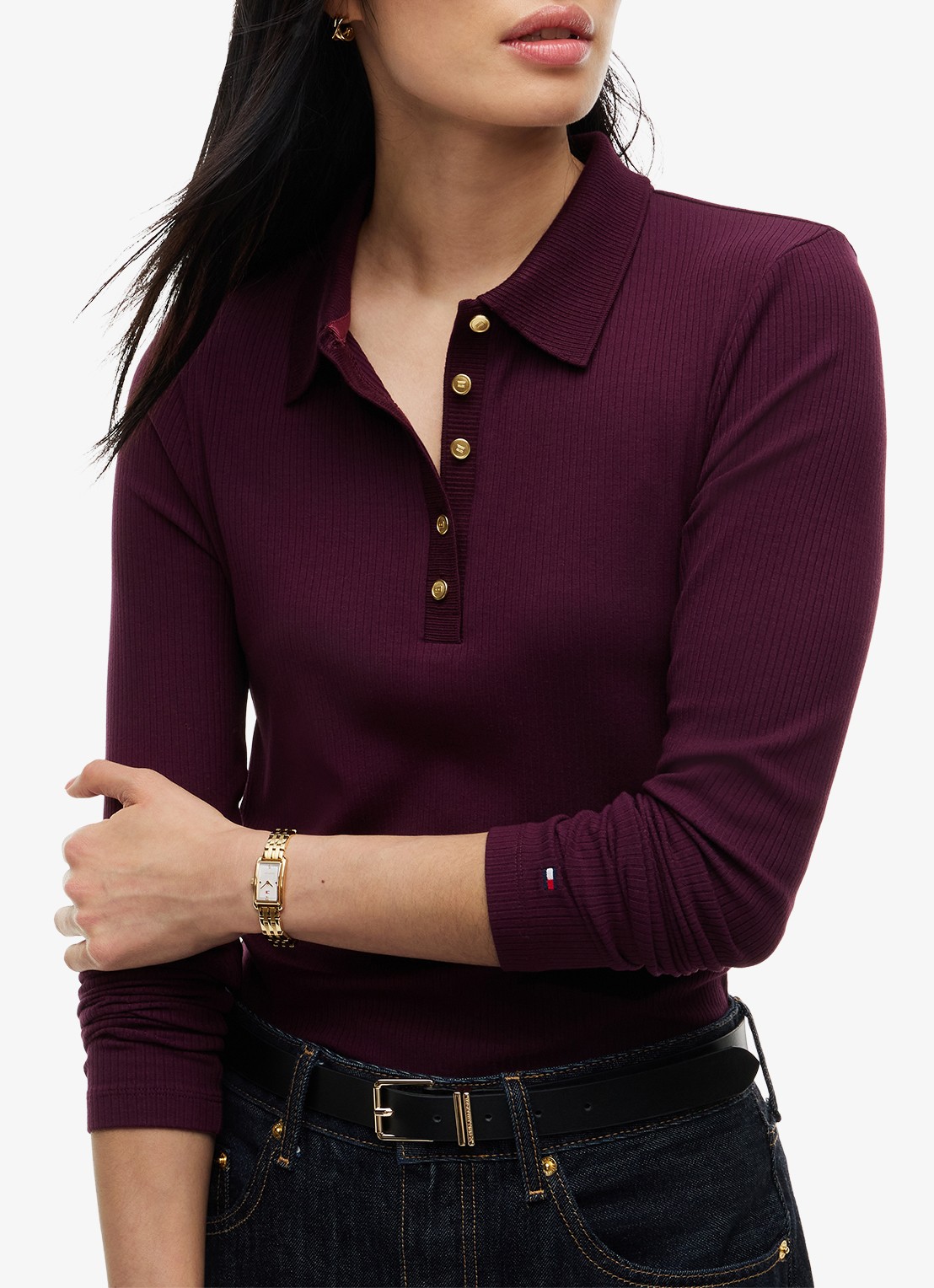 Tommy Hilfiger Ribgebreide polo met knoop details  - detail 5 bordeauxrood