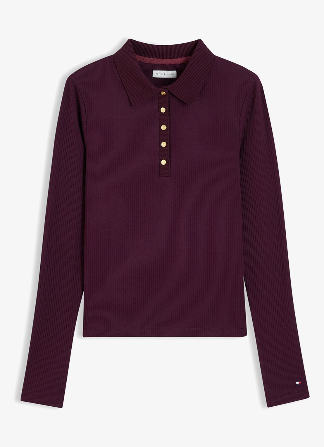 Tommy Hilfiger Ribgebreide polo met knoop details  - voorkant 2 bordeauxrood