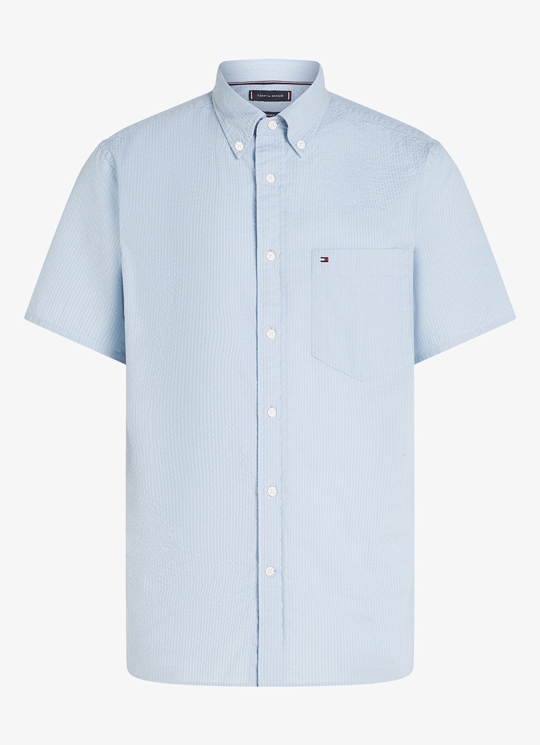 Tommy Hilfiger Seersucker regular fit overhemd met borstzak - voorkant lichtblauw