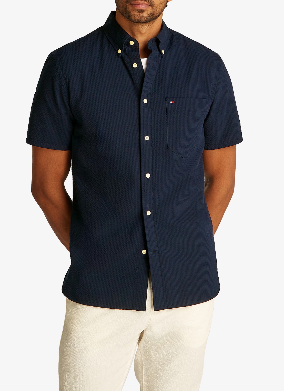 Tommy Hilfiger Seersucker regular fit overhemd met borstzak - detail 3 blauw
