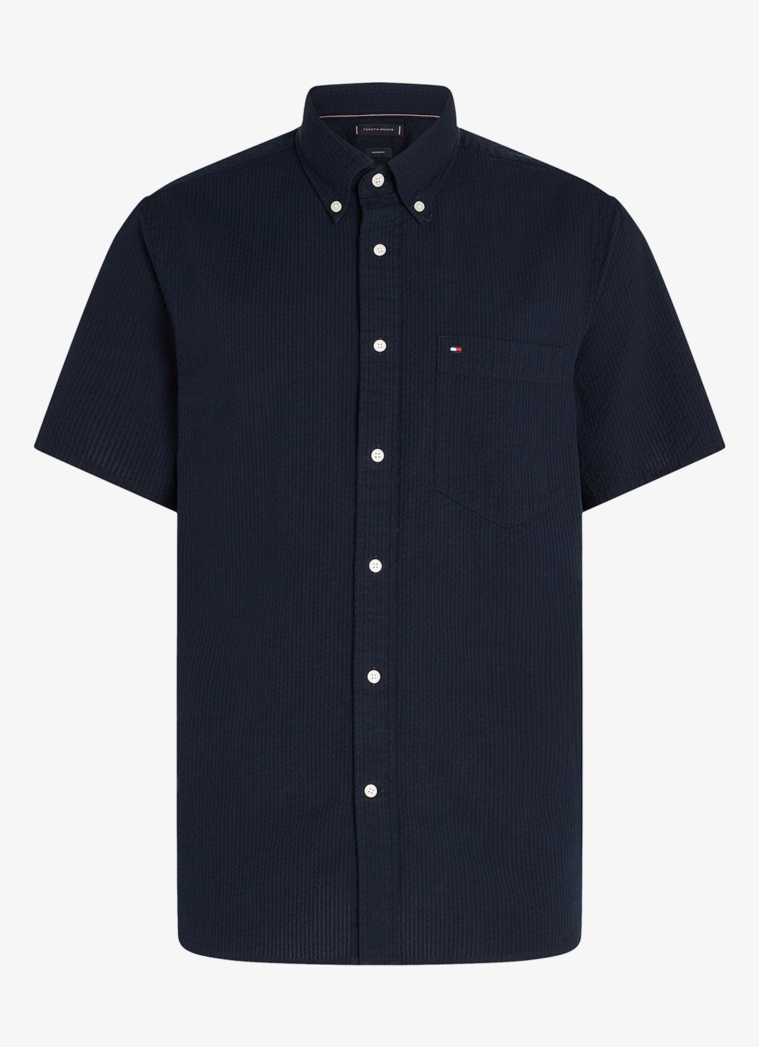 Tommy Hilfiger Seersucker regular fit overhemd met borstzak - voorkant blauw