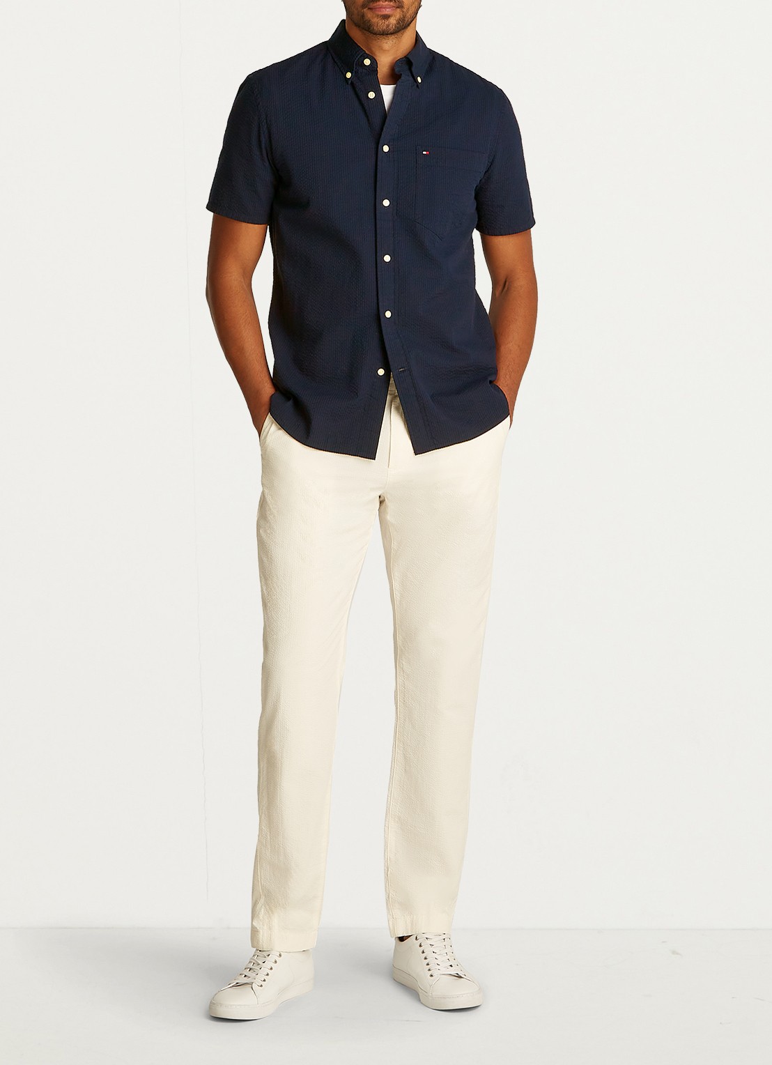 Tommy Hilfiger Seersucker regular fit overhemd met borstzak - voorkant 2 blauw