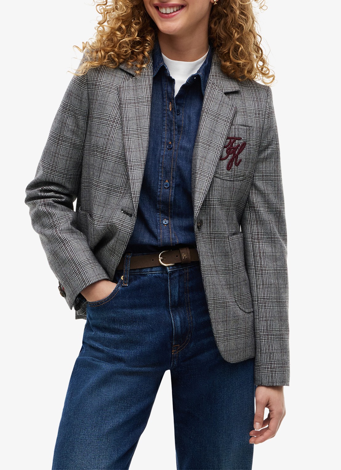 Tommy Hilfiger Single-breasted blazer in wolblend met ruitdessin - detail grijs