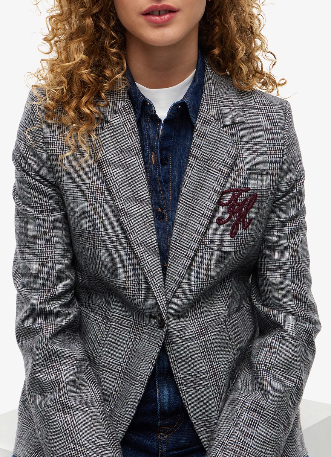 Tommy Hilfiger Single-breasted blazer in wolblend met ruitdessin - detail 3 grijs