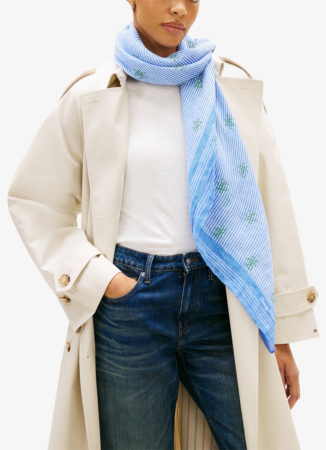 Tommy Hilfiger Sjaal van linnen met streepprint - detail blauw