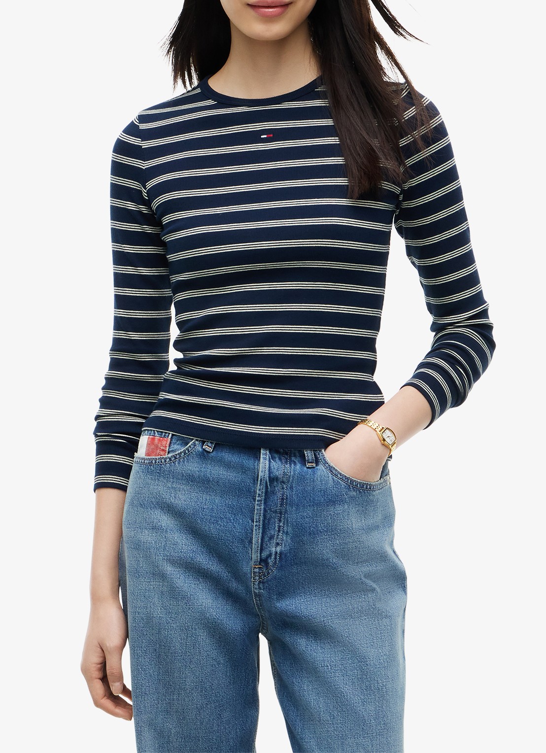 Tommy Hilfiger Slim Ribbed Long Sleeve T-Shirt - detail dark blue / day lily stripe-0x5 / blauw