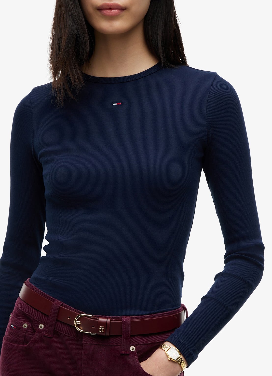 Tommy Hilfiger Slim Ribbed Long Sleeve T-Shirt - detail 5 dark blue-c1g / blauw