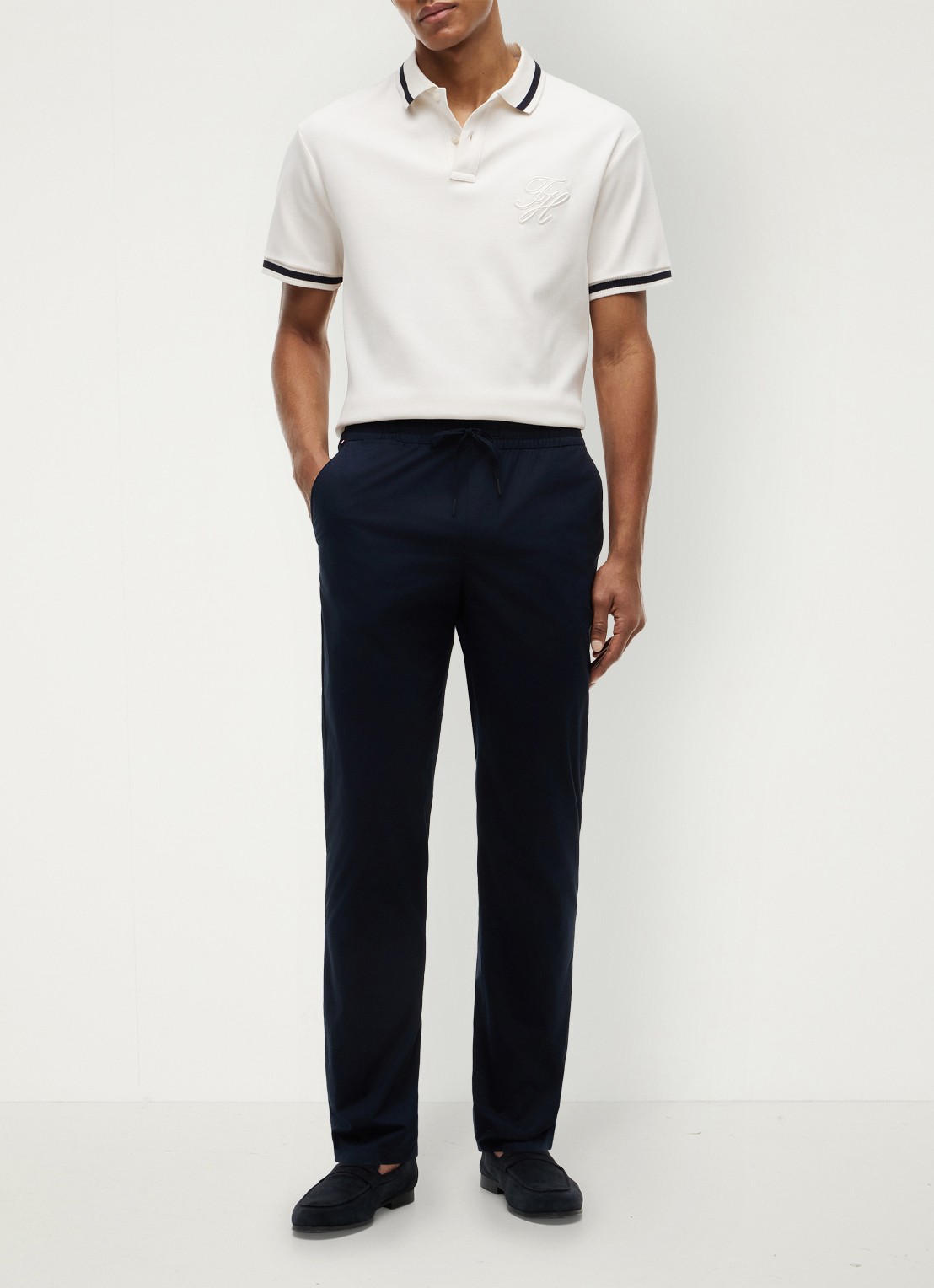 Tommy Hilfiger Straight leg chino met trekkoord - voorkant donkerblauw