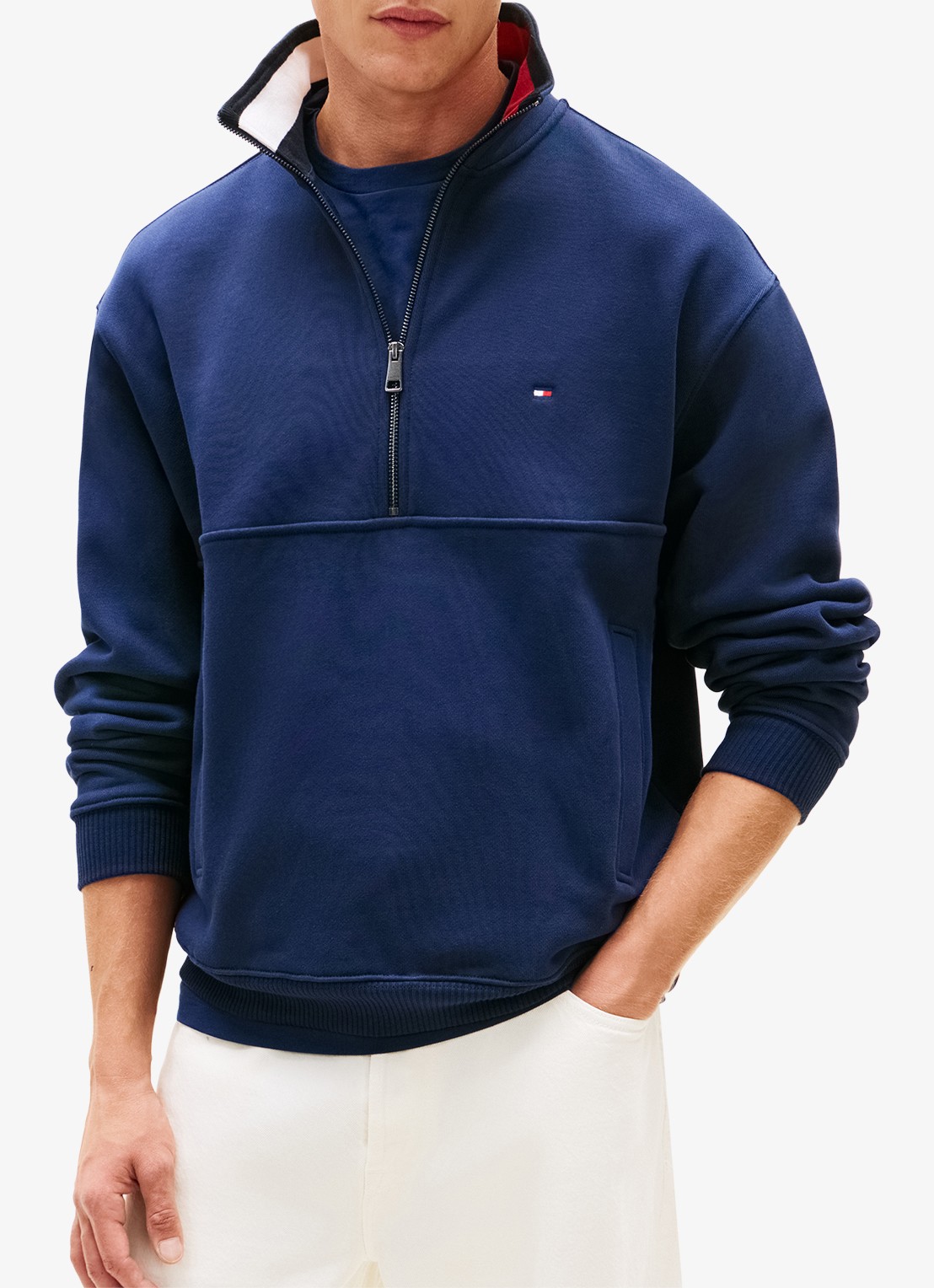 Tommy Hilfiger Sweater met halve rits en logoborduring - detail donkerblauw