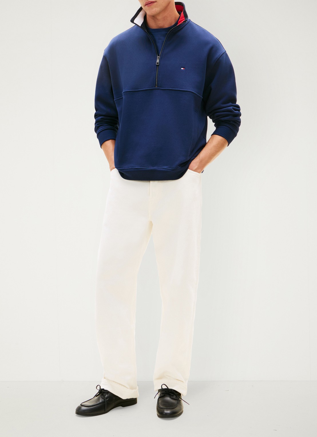 Tommy Hilfiger Sweater met halve rits en logoborduring - voorkant 4 donkerblauw