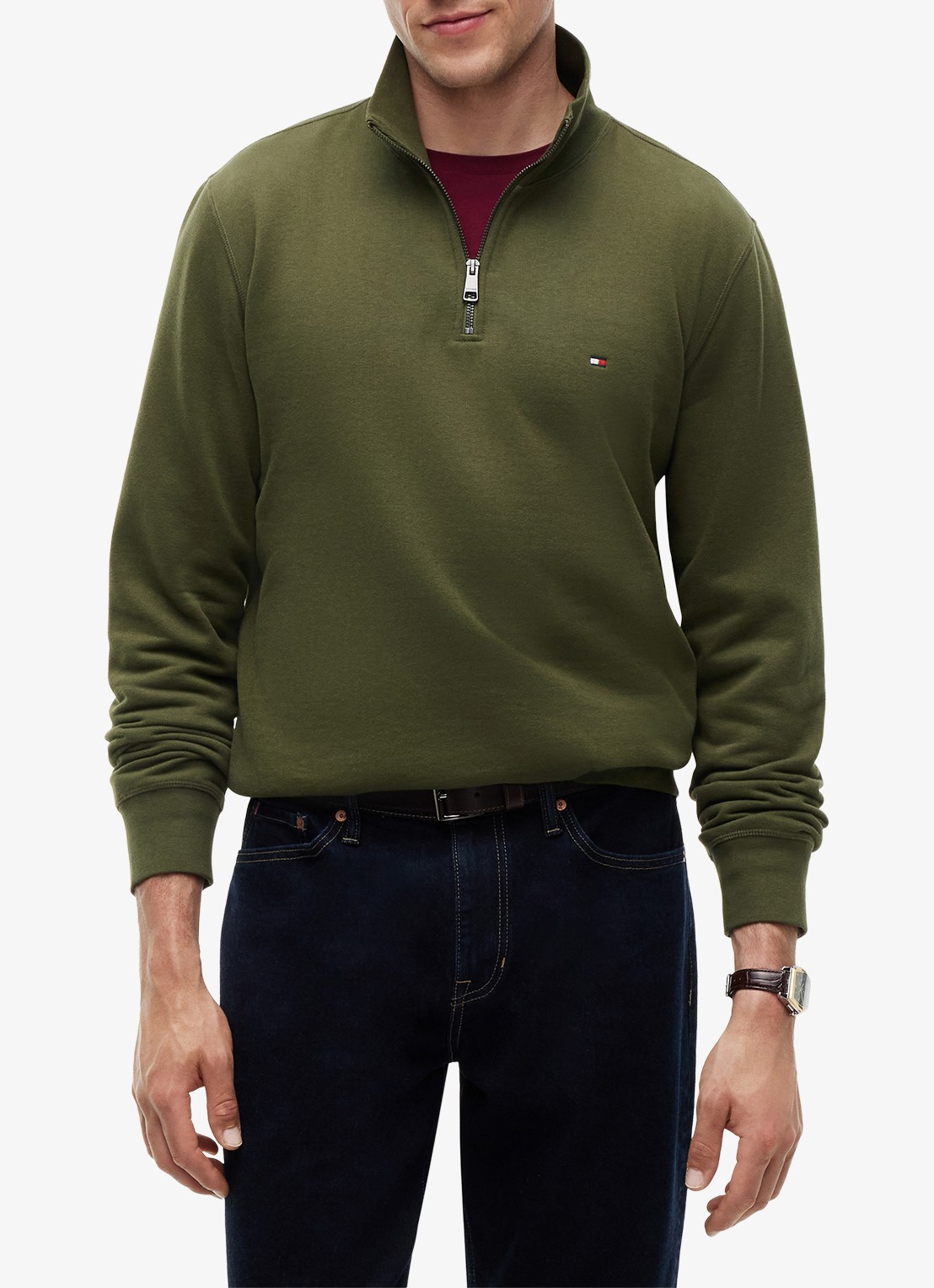 Tommy Hilfiger Sweater met halve rits en logoborduring - detail huntsman green-mt1