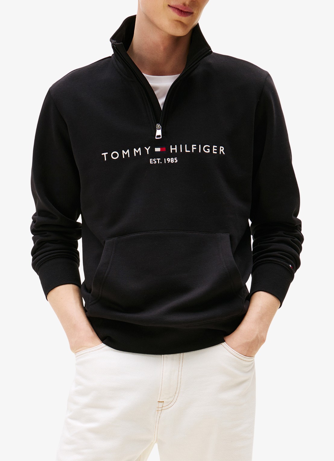 Tommy Hilfiger Sweater met halve rits en logoborduring - detail 3 zwart