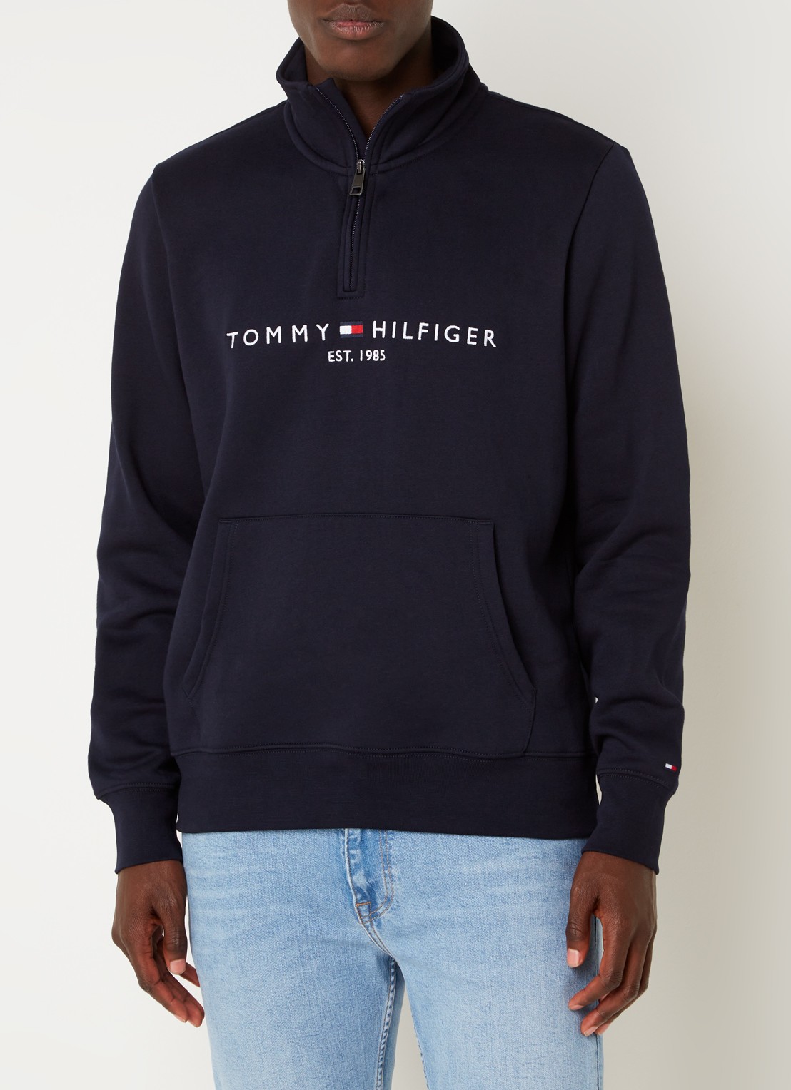 Tommy Hilfiger Sweater met halve rits en logoborduring - detail lichtblauw