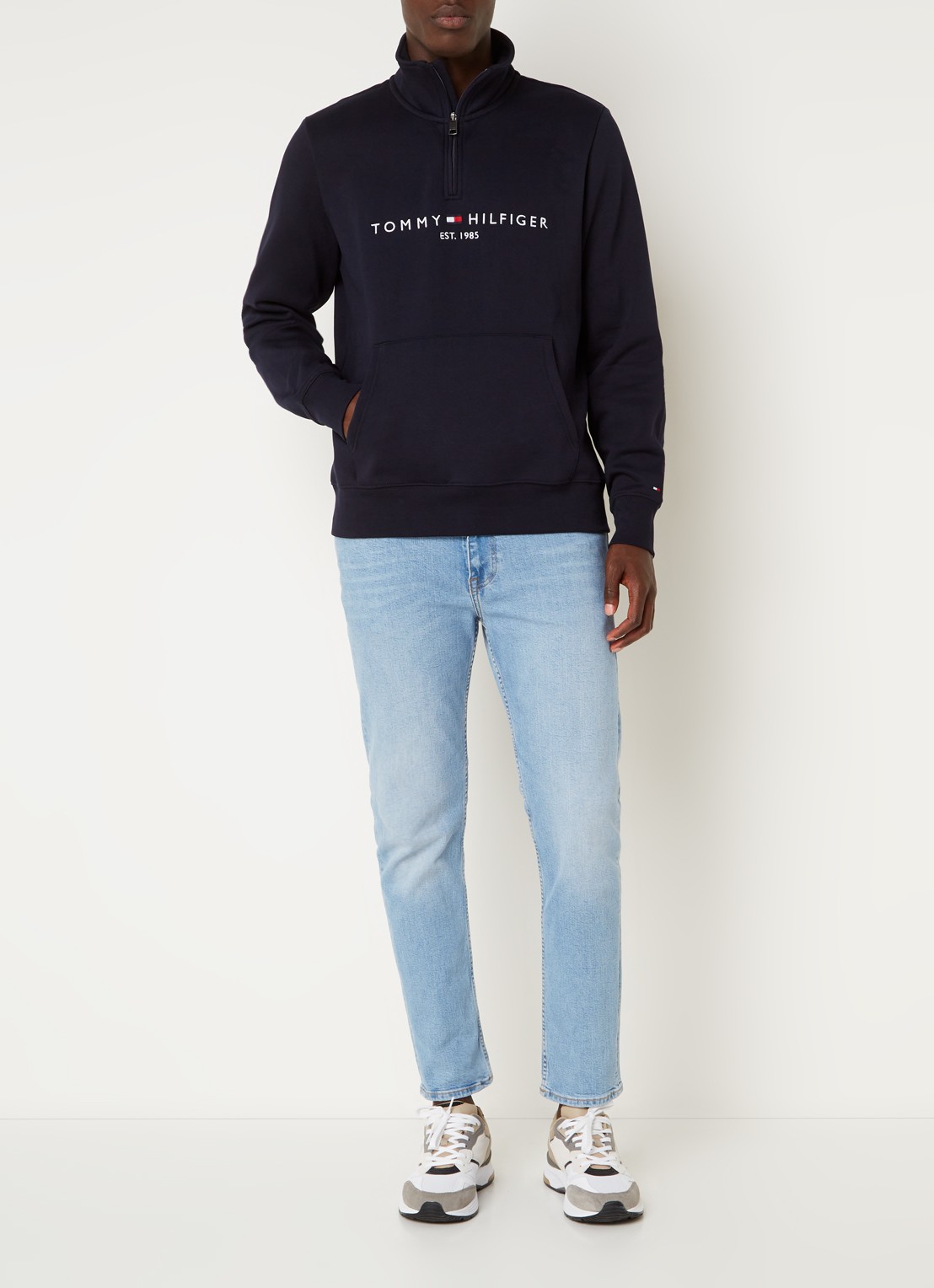 Tommy Hilfiger Sweater met halve rits en logoborduring - voorkant 4 lichtblauw